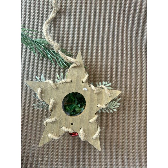 Rustic Wooden Star Christmas Ornament White Paper Bird Greenery Jingle Bell - Picture 2 of 3